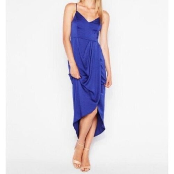 Express Blue Satin Faux Wrap MIDI Dress - Picture 1 of 4